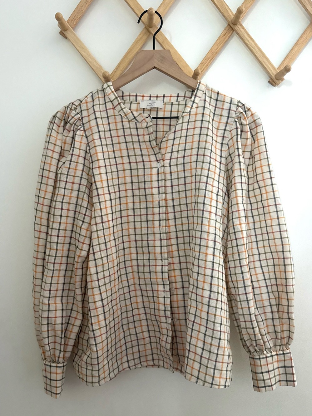 LOFT Plaid Button Front Blouse | Cottage Classic | Neutral Plaid
